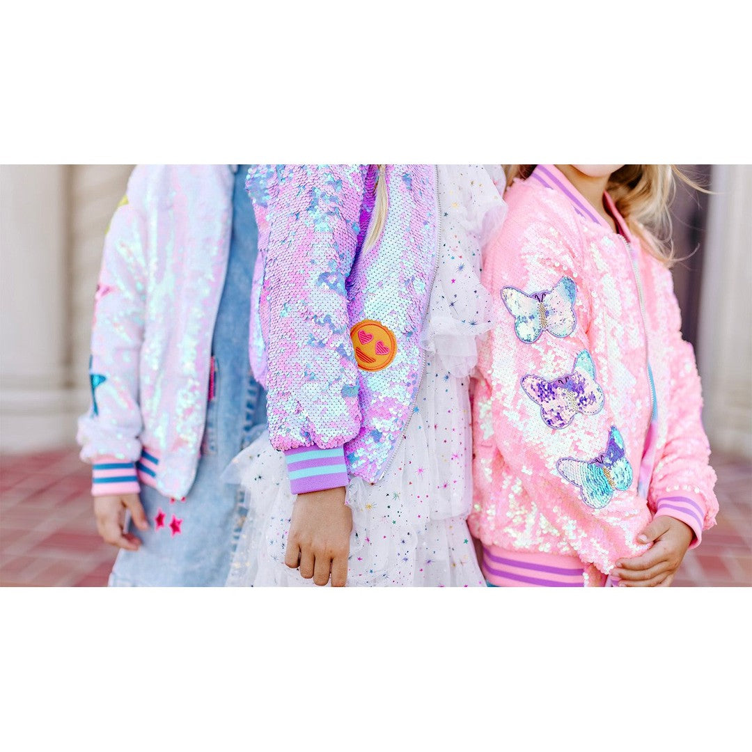 Purple Iridescent Patched Sequins Bomber Jacket