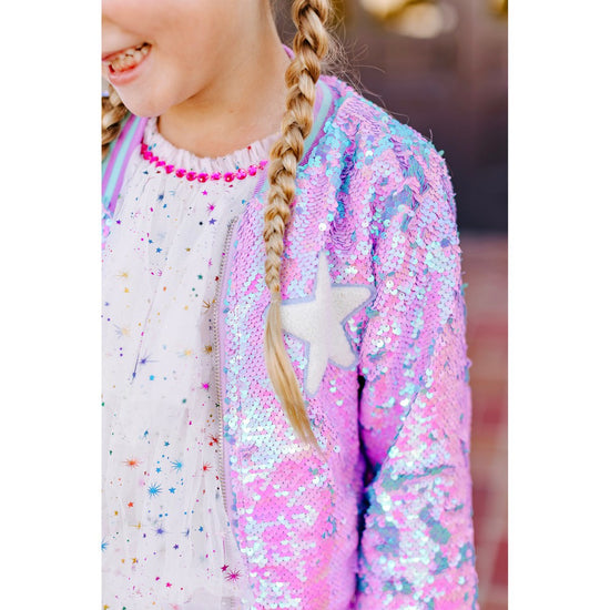 Purple Iridescent Patched Sequins Bomber Jacket